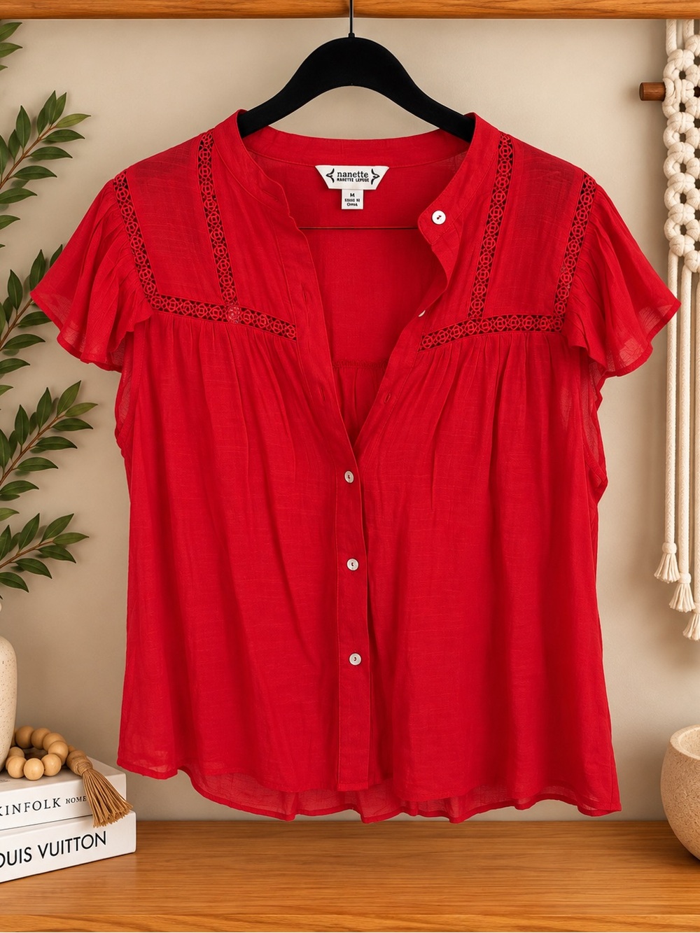 Nanette Lepore Red Lace-Trim Button Front Blouse